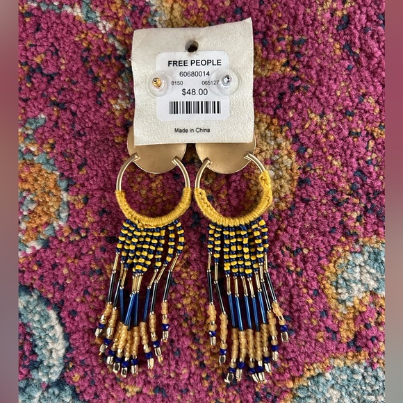 NWT Free People | Women’s gold/mustard/blue beaded Wait For Me earrings.  OS - Picture 9 of 12